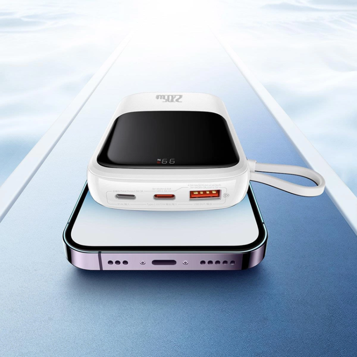 BASEUS - Baseus Powerbank Qpow 10000mAh 20W med Inbyggd Lightning Kabel - Vit