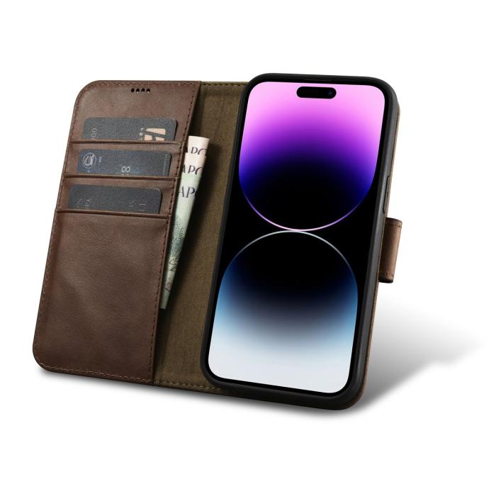 ICARER - iCarer iPhone 14 Pro Max Plånboksfodral Äkta Läder 2in1 Anti-RFID - Brun