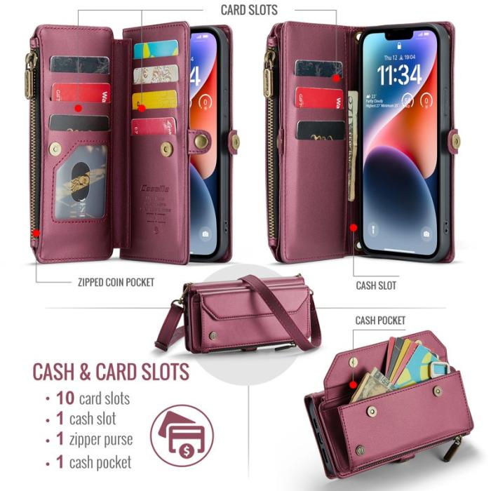 Caseme - CASEME Plånboksfodral Konstläder för iPhone 14 Plus - Vinröd