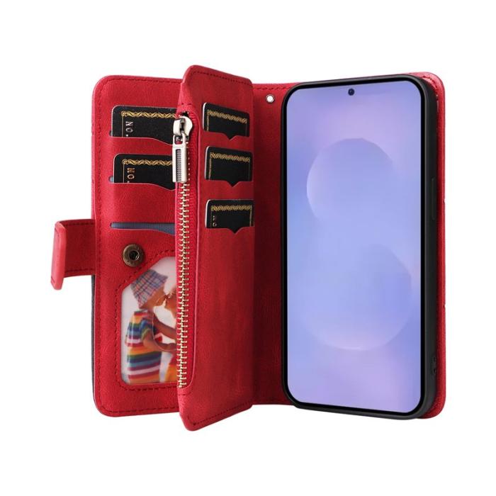 OEM - Samsung Galaxy S26 / S26 Pro Fodral Äkta Läder Med Rem Dragkedja - Röd