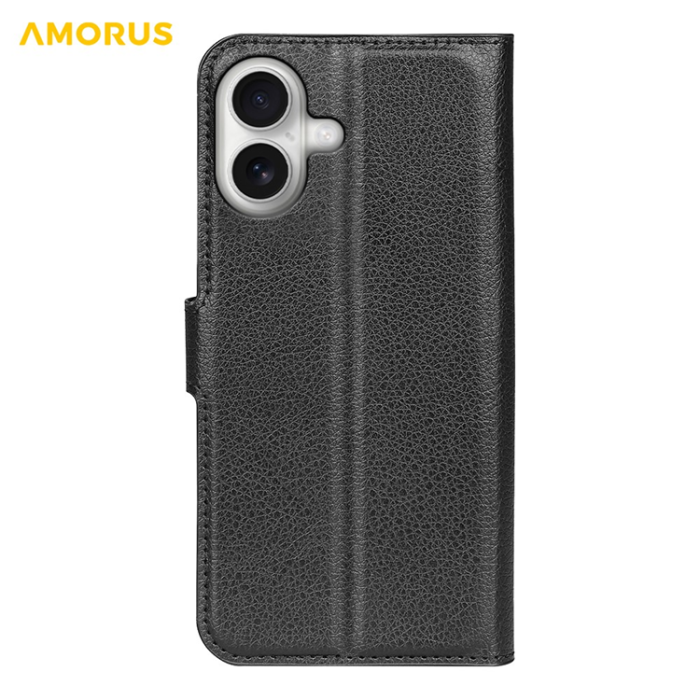 Amorus - AMORUS iPhone 17 Plånboksfodral Flipstativ Litchi - Svart