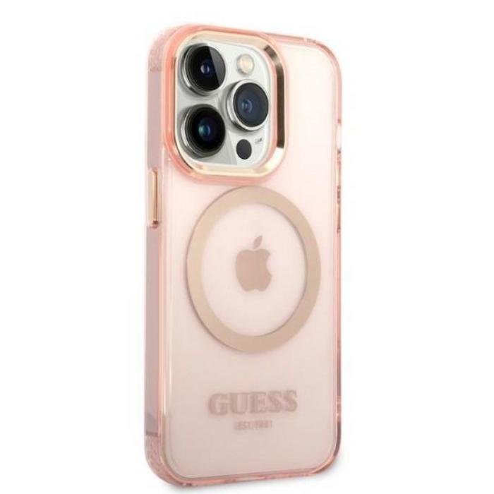 Guess - GUESS iPhone 14 Pro Skal MagSafe Gold Outline Translucent - Rosa