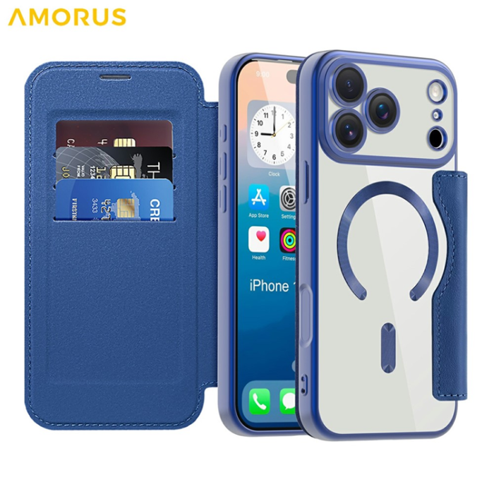 Amorus - AMORUS iPhone 17 Pro Max Plånboksfodral MagSafe RFID - Blå