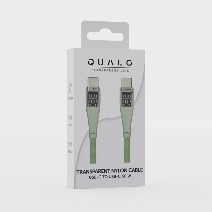 QUALO - QUALO USB-C till USB-C Kabel 1.5m 3A Transparent Nylon - Grön