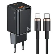 USAMS - USAMS Väggladdare T43 33W PD3.0+QC3.0 USB-C/Lightning USKTZ01 - Svart