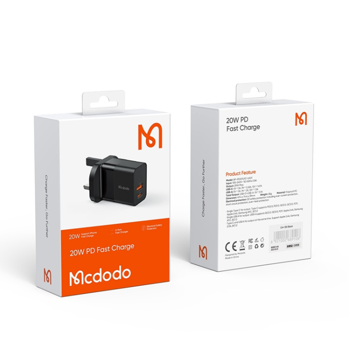 Mcdodo - MCDODO Snabbladdare 20W USB-A - USB-C UK CH-130 PD - Svart