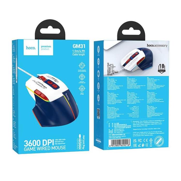 Hoco - Hoco Wired Gaming Mus USB-A 3600DPI - Vit/Blå