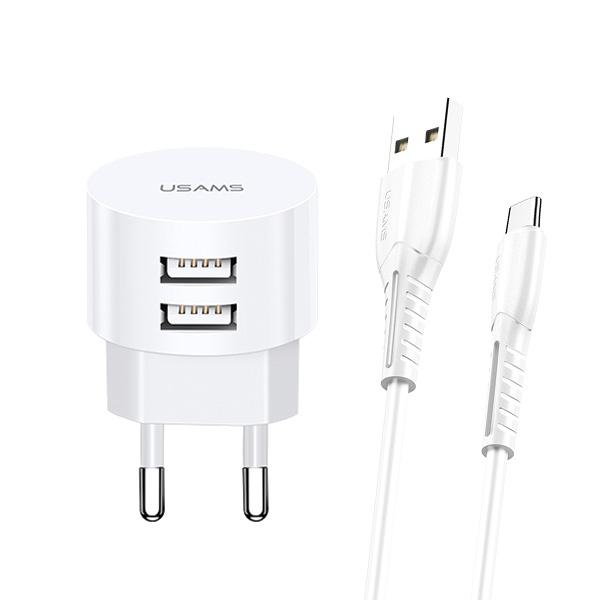 USAMS Väggladdare 2xUSB T20 2.1A USB-C rund XTXLOGT18TC05 – Vit