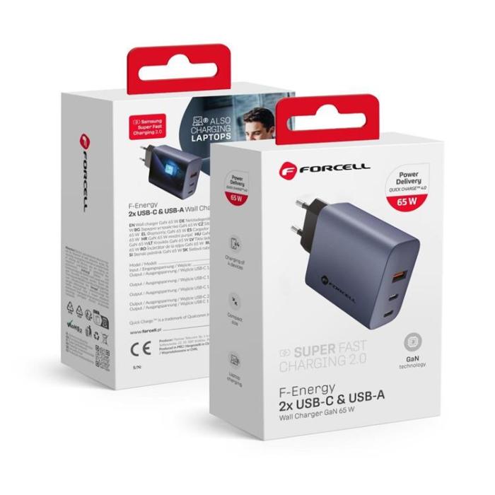 Forcell - Forcell F-Energy GaN Väggladdare 65W 2xUSB-C 1xUSB-A VT-42B - Grå