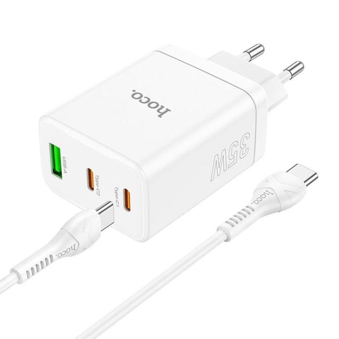 Hoco - Hoco Väggladdare 35W 2xType C + USB A med Typ-C Kabel 1m - Vit