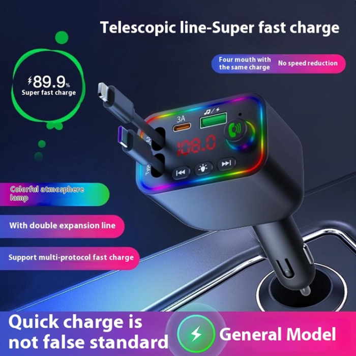 A-One Brand - Billaddare med Infällbart USB-C/Lightning Kabel FM Transmitter