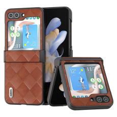 ABEEL - ABEEL Samsung Galaxy Z Flip5 Fodral Konstl&auml;der brun Grid Textur