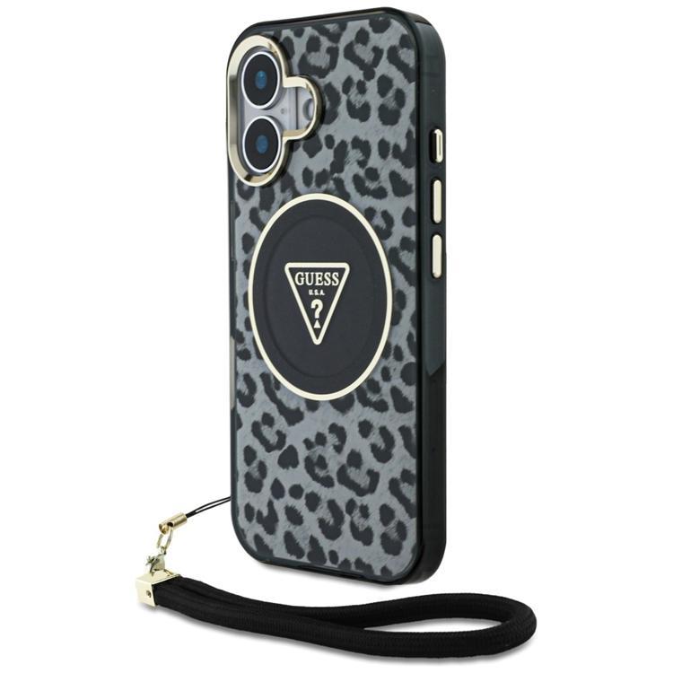Guess Mobilskal till iPhone 16 MagSafe IML Leopard Triangle Cord Strap - Svart | 2353 | AlltMobil