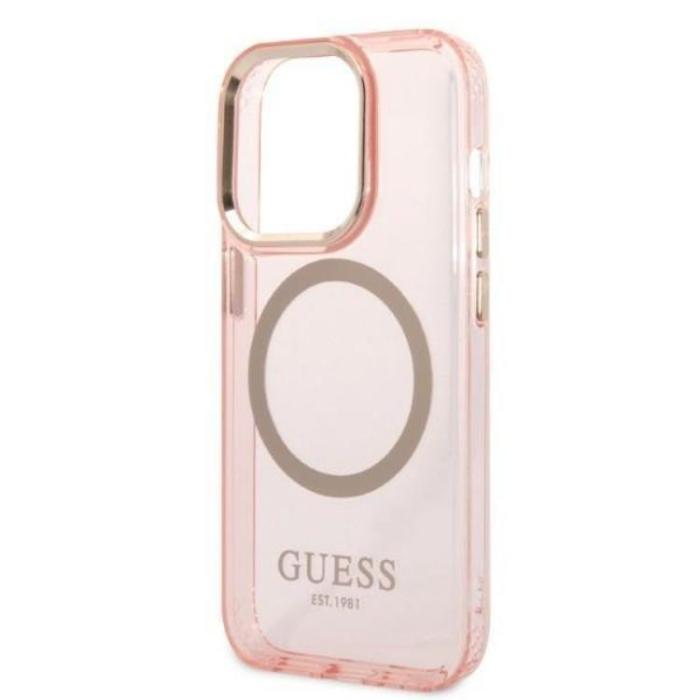 Guess - GUESS iPhone 14 Pro Skal MagSafe Gold Outline Translucent - Rosa
