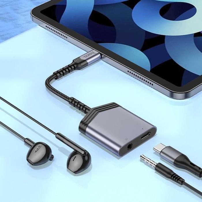 Hoco - HOCO 2in1 USB-C/USB-C 27W Jack 3.5mm AUX Adapter LS39 - Grå