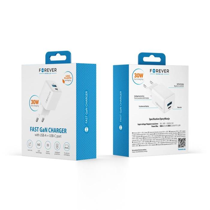 Forever - Forever Snabbladdare USB-A - USB-C 30W GaN PD QC - Vit