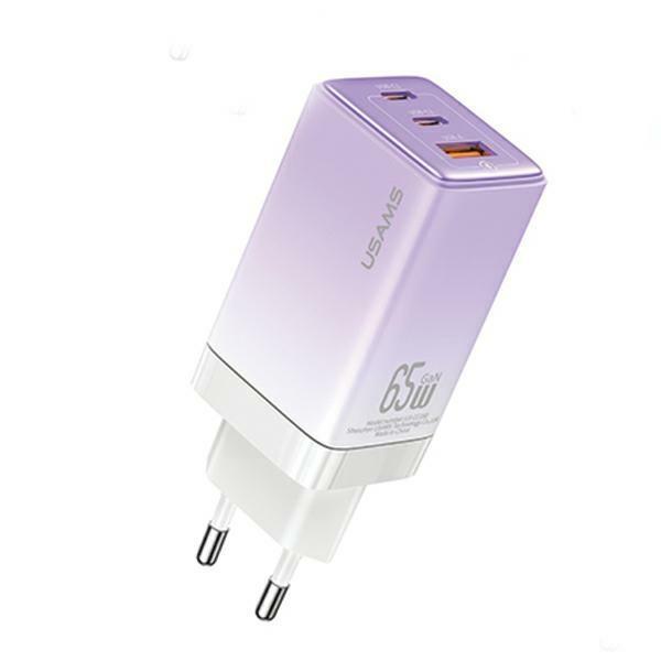 USAMS Väggladdare 2xUSB-C+1xUSB 65W GaN PD3.0 QC3.0 Sandru - Lila
