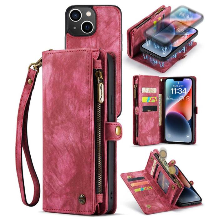 Caseme - CASEME 008 iPhone 14 Plus Plånboksfodral Konstläder Röd med Rem