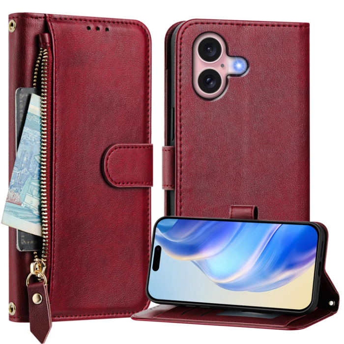 A-One Brand - iPhone 16 Plus Plånboksfodral Zipper Pocket Läder - Röd