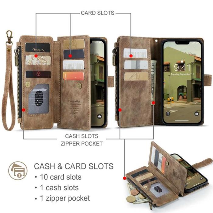 Caseme - CASEME iPhone 14 Plånboksfodral C30 Zipper - Brun