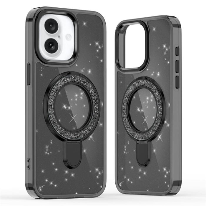 A-One Brand - iPhone 17 Mobilskal Glitter Design TPU + PC Kickstand - Svart