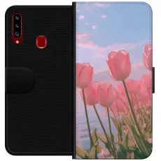 Gustaf - Pl&aring;nboksfodral till Samsung Galaxy A20s med Rosa Tulpaner