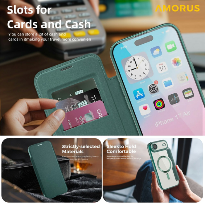Amorus - AMORUS iPhone Air Plånboksfodral MagSafe RFID - Grön