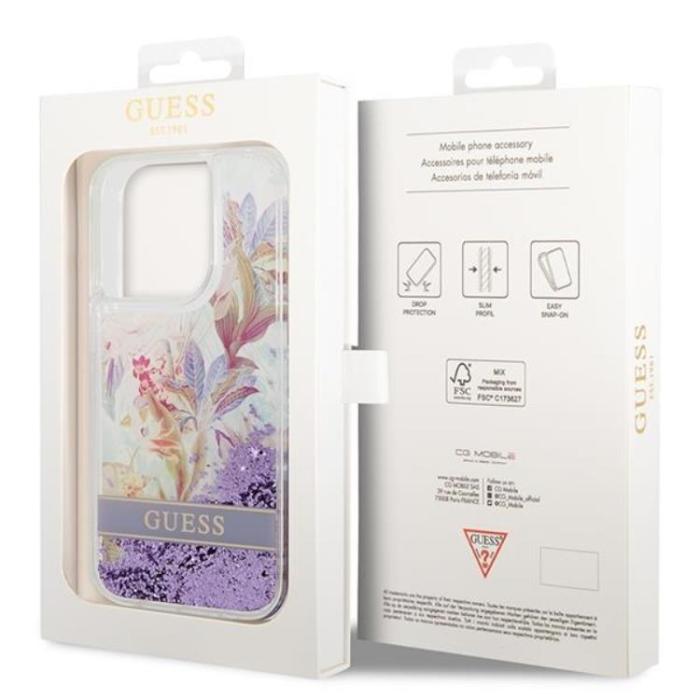 UTGATT1 - GUESS iPhone 14 Pro Max Skal Flower Liquid Glitter - Lila