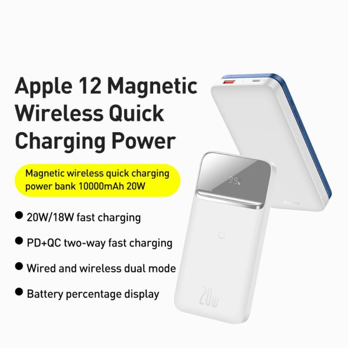 BASEUS - BASEUS Magnetic Magsafe Trådlös Powerbank 20W 10000mAh - Vit
