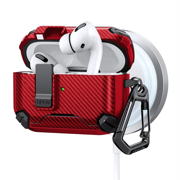 AirPods Pro 2 Skal Magsafe Carbon Fiber med Karbinhake (Röd) | 2353 | AlltMobil