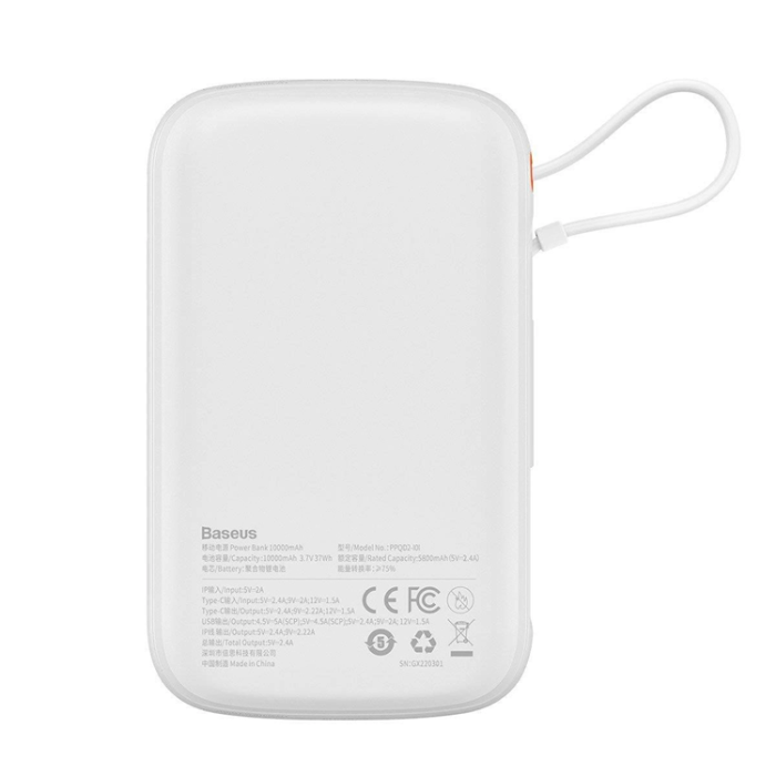 BASEUS - Baseus Powerbank Qpow 10000mAh 20W med Inbyggd Lightning Kabel - Vit