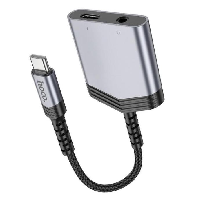 Hoco - HOCO 2in1 USB-C/USB-C 27W Jack 3.5mm AUX Adapter LS39 - Grå