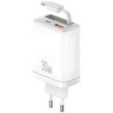USAMS - USAMS Snabbladdare 30W 1xUSB-C 1xUSB-A Med USB-C Kabel - Vit