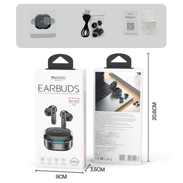 Yesido - YESIDO TWS Trådlösa Bluetooth-Hörlurar In-ear ANC + ENC TWS37 - Svart