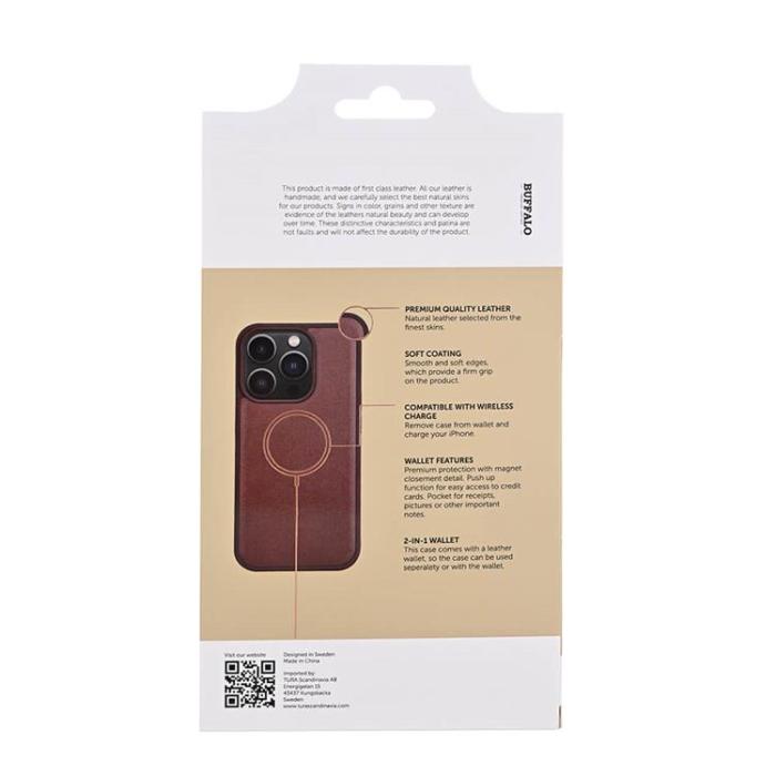 BUFFALO - BUFFALO äkta läder iPhone 15 Pro Plånboksfodral 3 Kort Magsafe - Brun