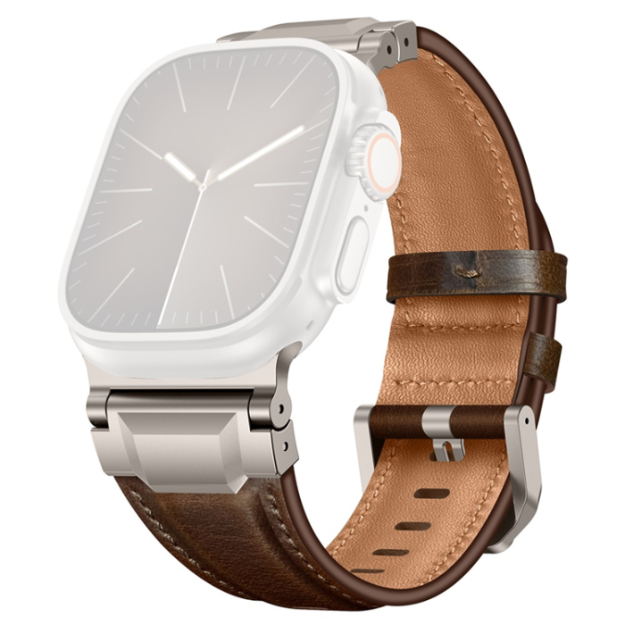 A-One Brand - Apple Watch (42/44/45/46/49mm) Armband Cowhide Läder - Coffee Brun/Titanium