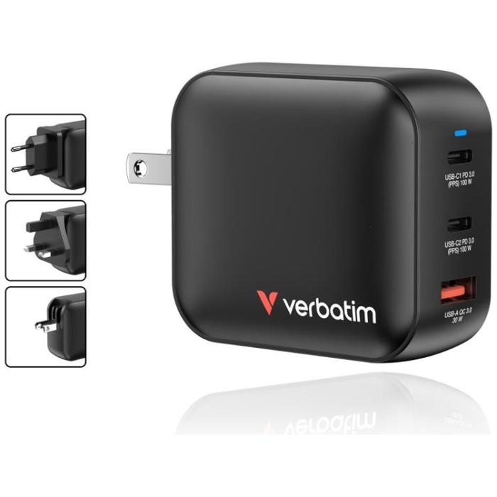 Verbatim - Verbatim Snabbladdare 100W PD 2xUSB-C QC 1xUSB-A GaN Mini - Svart