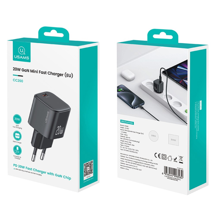 USAMS - USAMS GaN Snabbladdare USB-C 20W CC260 Mini EU - Svart