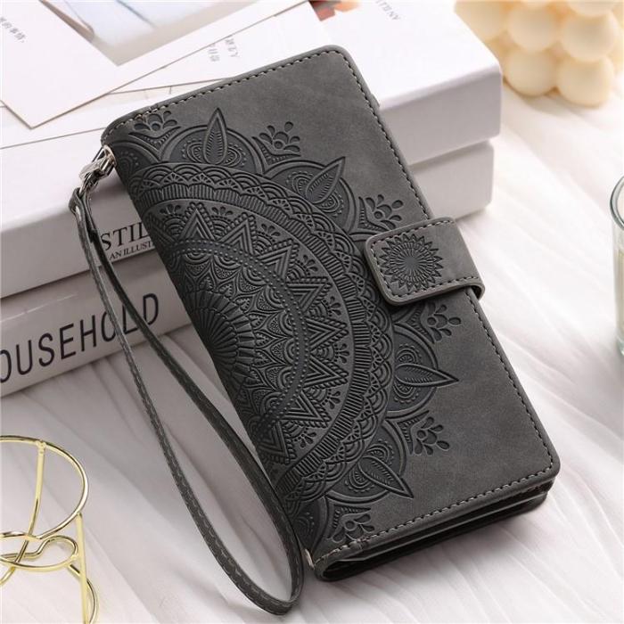 OEM - iPhone 15 Pro Plånboksfodral Mandala Flower Imprinted - Grå