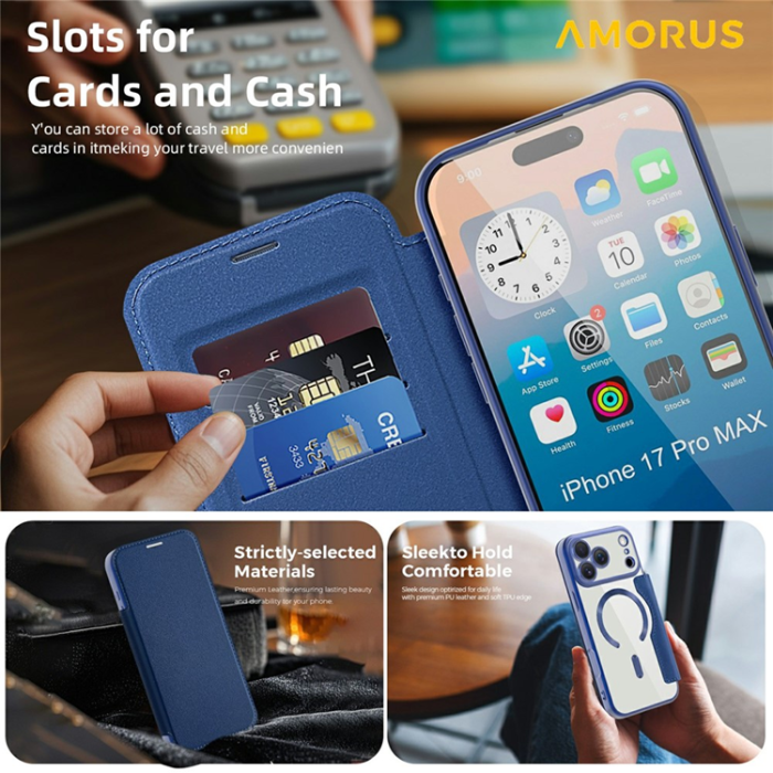 Amorus - AMORUS iPhone 17 Pro Max Plånboksfodral MagSafe RFID - Blå
