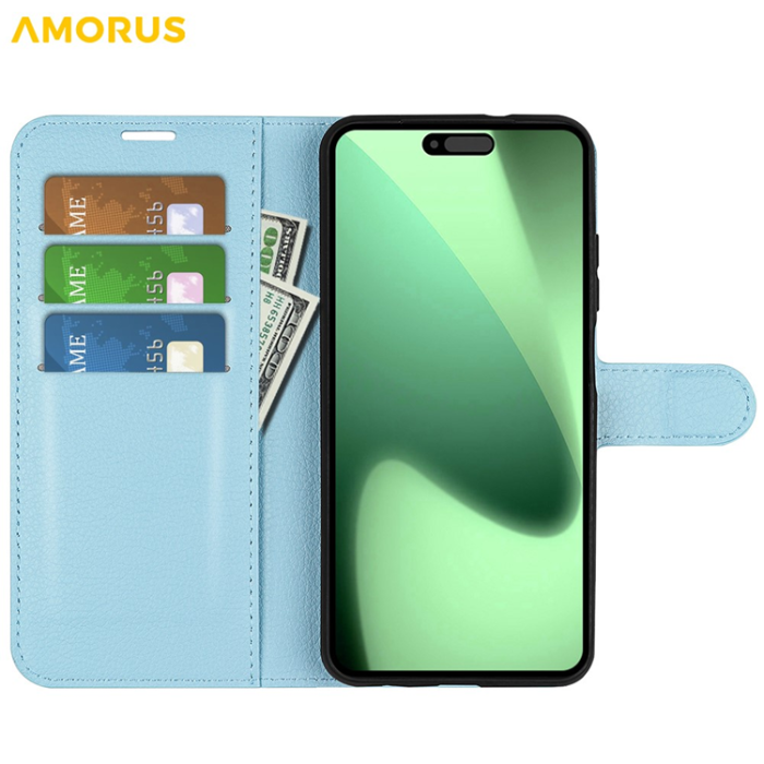 Amorus - AMORUS iPhone 17 Pro Max Plånboksfodral Flipstativ Litchi - Blå