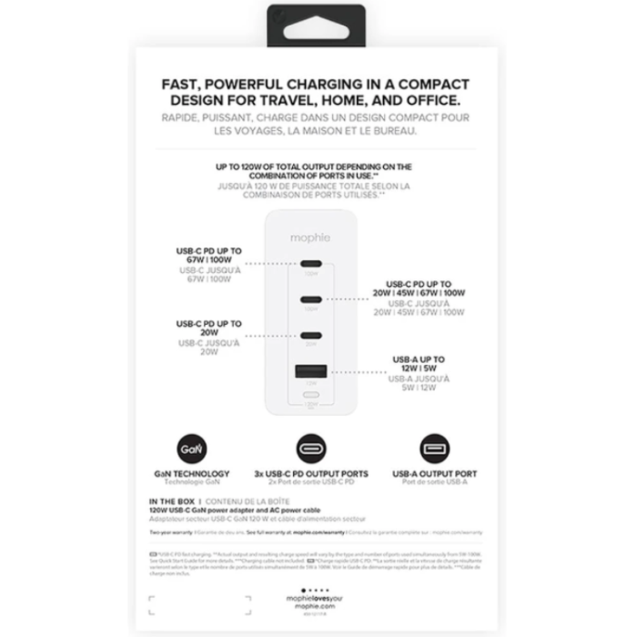 UTGATT1 - Mophie PD Väggladdare Hub 120W USB-A Till 2X USB-C - Vit