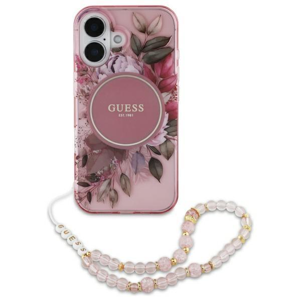 Guess iPhone 16 Mobilskal MagSafe IML Flowers Med Pearl Strap - Rosa | 2353 | AlltMobil
