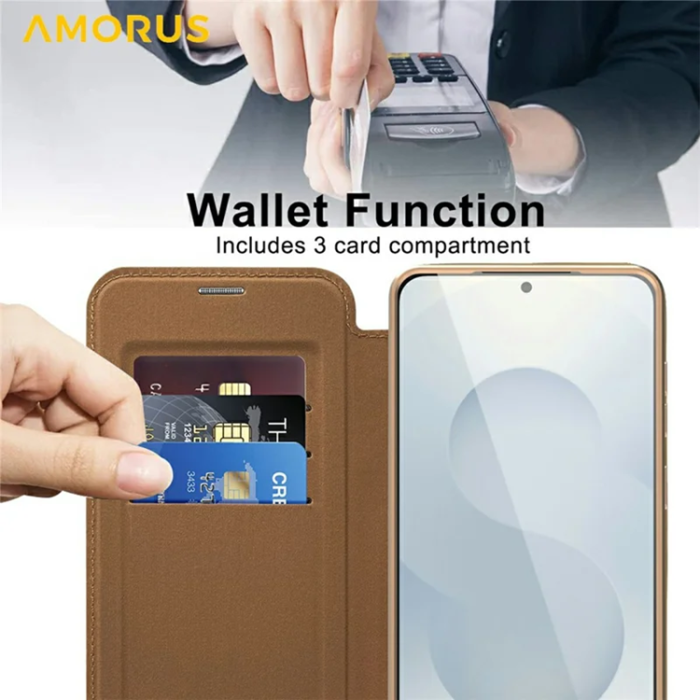 Amorus - Amorus Galaxy S25 Edge Plånboksfodral Magsafe RFID - Brun