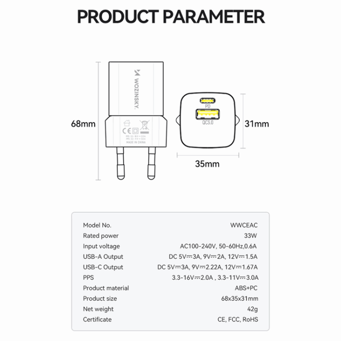 Wozinsky - Wozinsky Väggladdare GaN USB-A/USB-C 33W - Vit