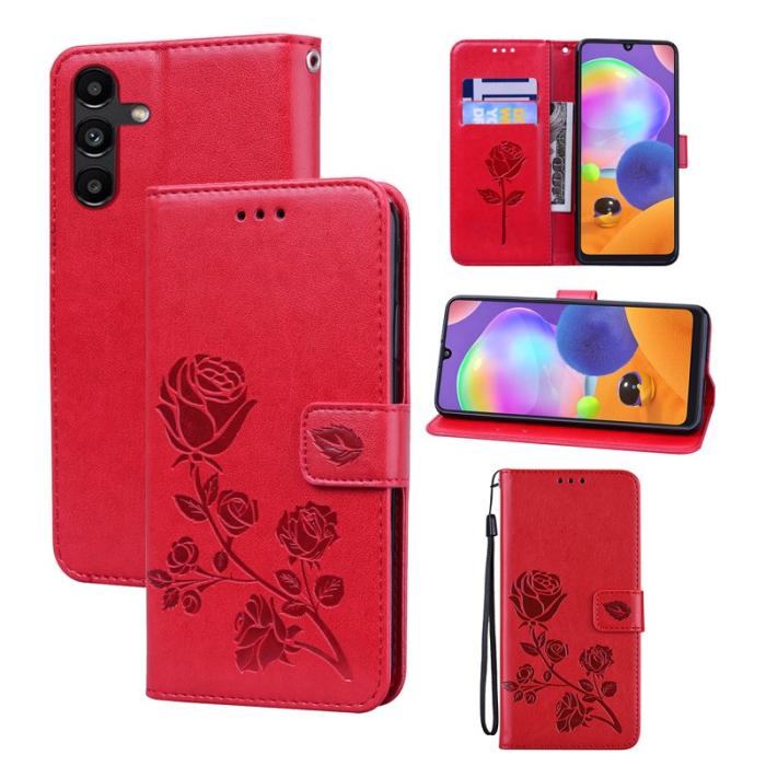 OEM - Samsung Galaxy A55 5G Plånboksfodral Konstläder Rosmönster - Röd