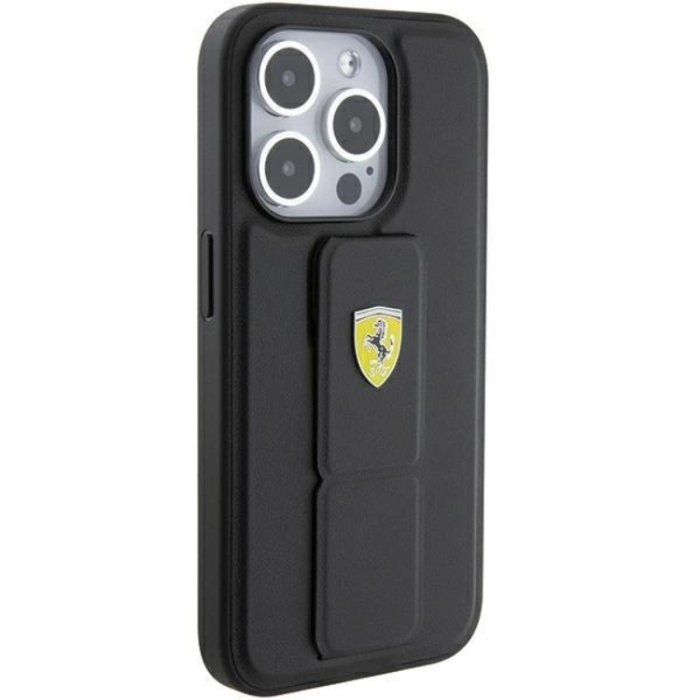 Ferrari - Ferrari iPhone 15 Mobilskal Grip Stand Metal Logo - Svart