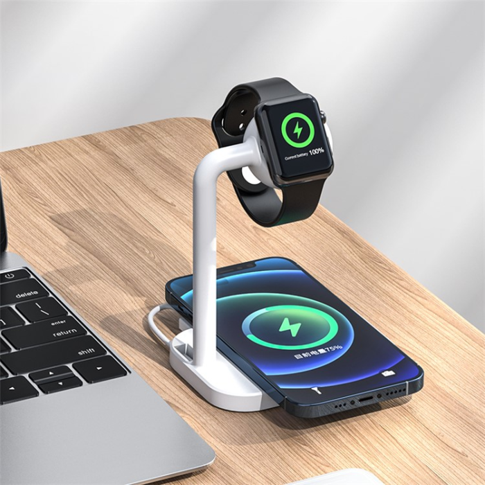 OEM - 2in1 MagSafe Trådlös Laddare iPhone, Apple Watch - Vit