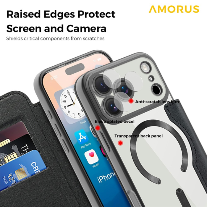 Amorus - AMORUS iPhone 17 Pro Plånboksfodral MagSafe RFID