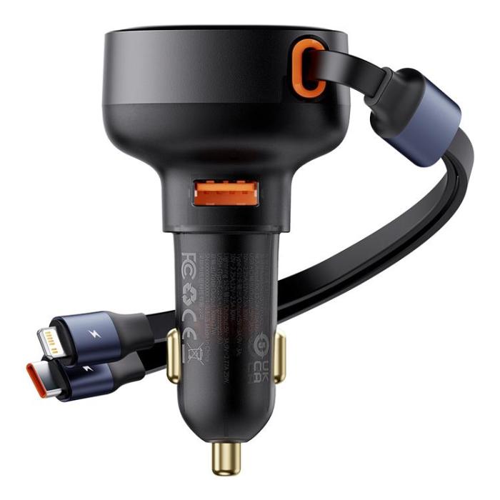 BASEUS - Baseus Enjoyment USB-A Billaddare med USB-C/Lightning 60W Kabel - Svart